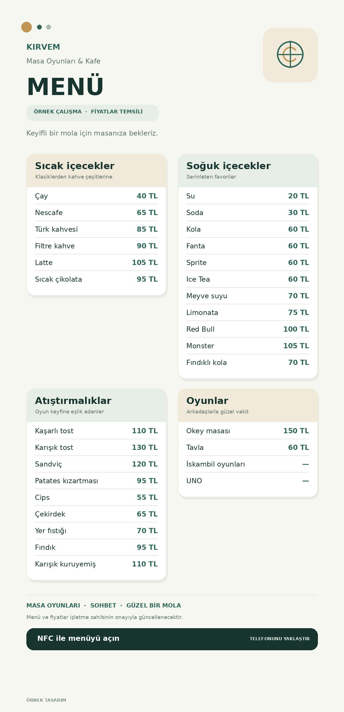 Kirvem Masa Oyunları ve Kafe örnek menüsü